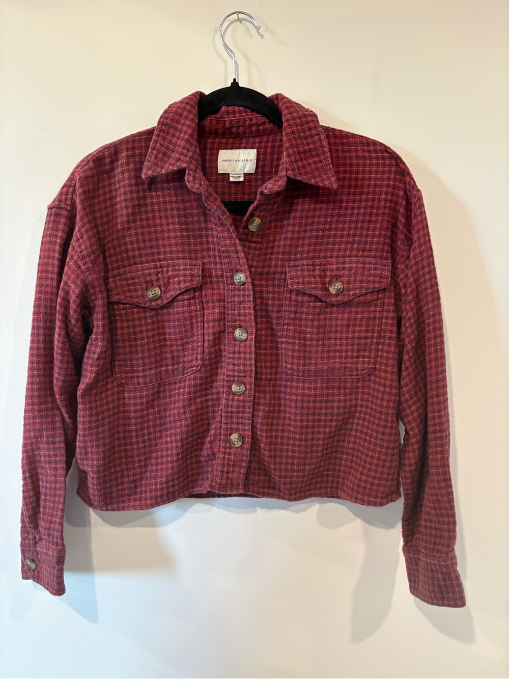American Eagle Rust Red Plaid Button-Up Jacket